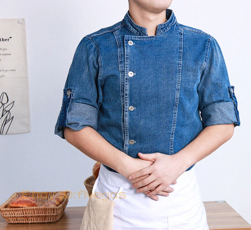 Men Women Denim Chef Jacket Long Sleeve Cook Jeans Coat Kitchen Unisex Uniform - Image 2 of 4