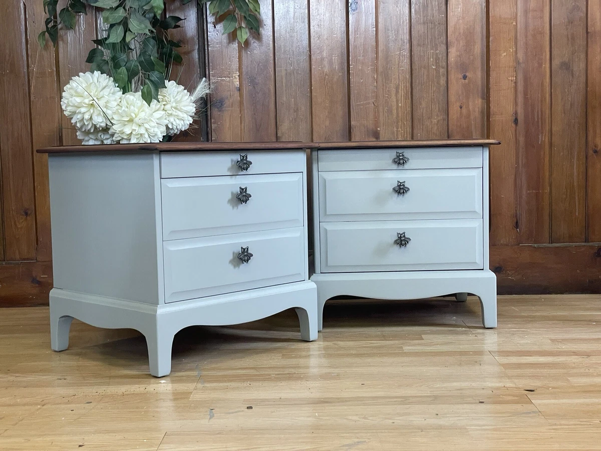 Painted Pair Vintage Grey Stag Minstrel Bedside Tables Retro
