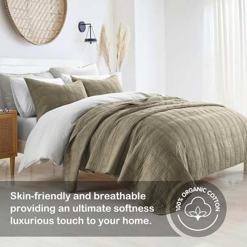 Luxurious Olive Green 3-Piece King-Size Quilt Set - Pre-Washed Cotton Comfort - Picture 4 of 9
