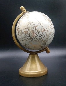Decorative White and Gold Mini Tabletop Globe, Rotating Metal Base, 5-1/4" Tall