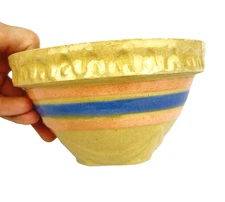 Primitive Bowl Crock Yellow Ware Impressed Pink Blue Stripes McCoy Vintage 5.5”