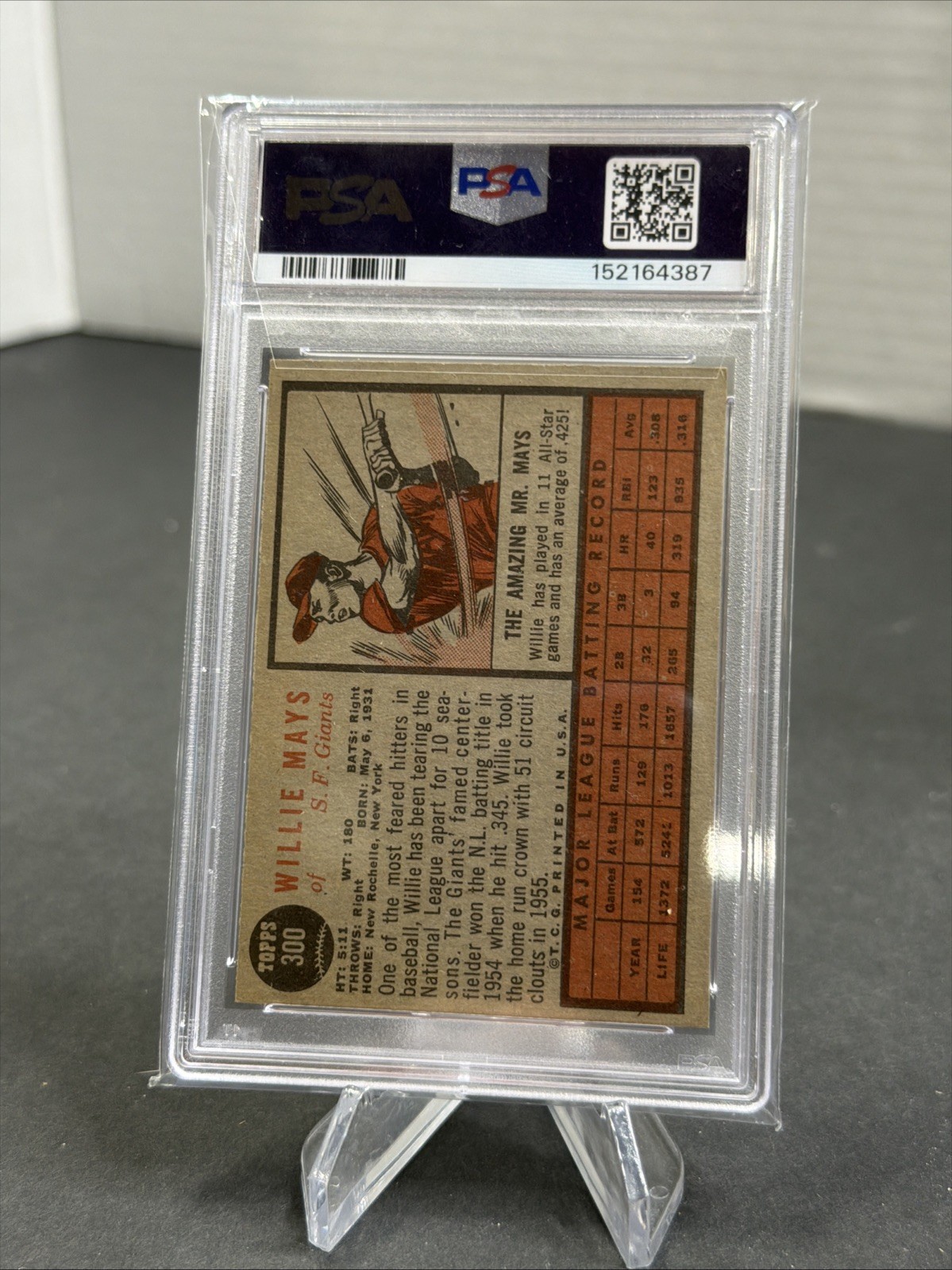 1962 Topps Baseball Card #300 Willie Mays (HOF) PSA 5 Just Graded view 2