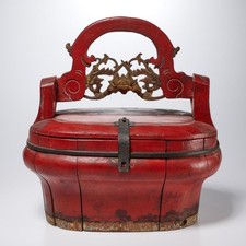 Vtg Chinese Red Lacquered Wood Bride Wedding Basket Box 12"w Iris Apfel