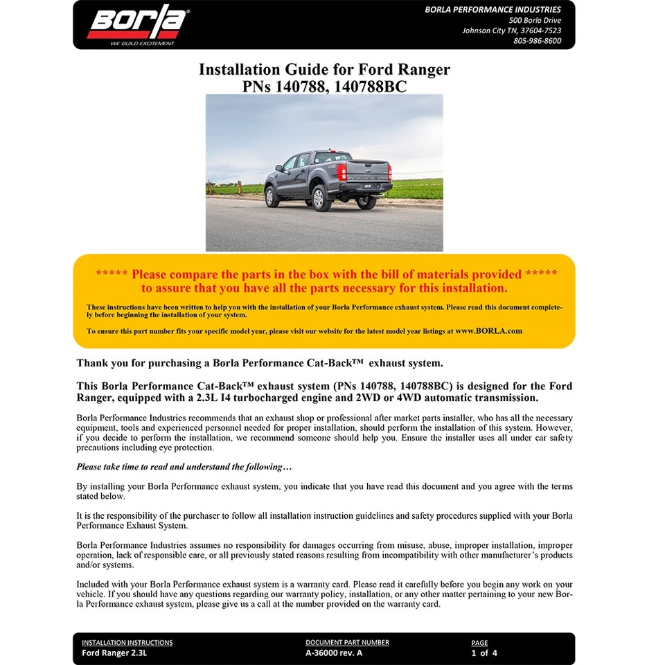 Borla 140788BC S-Type Stainless Cat Back Exhaust for 2019-2023 Ford Ranger 2.3L - Image 4 of 4