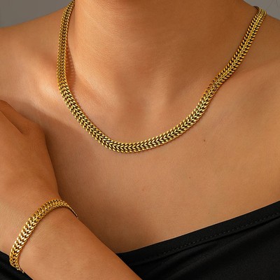 Stainless Steel Chain Necklace Bracelet Women Double Layer Chunky Link Jewelry