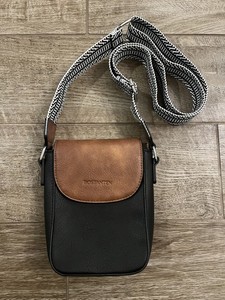 BOSTANTEN Black & Brown Leather Crossbody Bag w/ Patterned Strap - Excellent 
