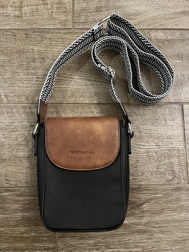 BOSTANTEN Black & Brown Leather Crossbody Bag w/ Patterned Strap - Excellent 