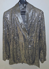 New York  Company Silver Sequin Blazer Jacket Satin Lining Collar Womens Size L