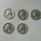 90% Silver Washington Quarters Lot of 5 1950s Dates Circulated