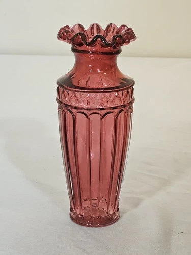 Vintage Fenton Glass Cranberry Vase Ruffled Edge Ribbed Body