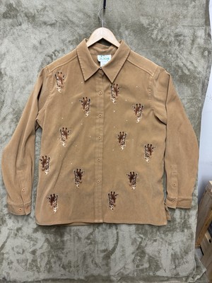 The Quacker Factory L Brown Giraffe Rhinestone Saffari Embroidered Button Top
