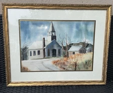 VTG Original Church Landscape Watercolor 21.5x27.5 Framed (13.5x19.5)  #1/2