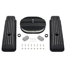Short Finned Black Alum Valve Covers & 12" Air Cleaner For Chevy SBC 350 58-86