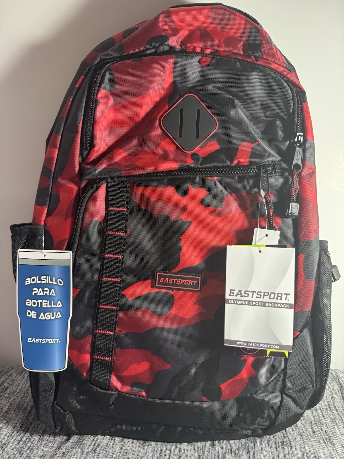 Eastport Black with Red Camo Backpack 18.5" Water Bottle Poc