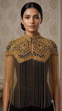 Golden Antique Hand Beaded Pearl Bridal Cover Up Cape For Women