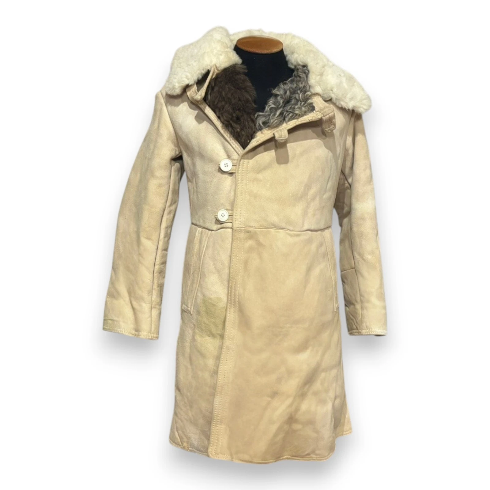 Soviet Army Sheepskin Shearling Coat Heavy Winter Fur Bekesha Jacket Beige L image 12