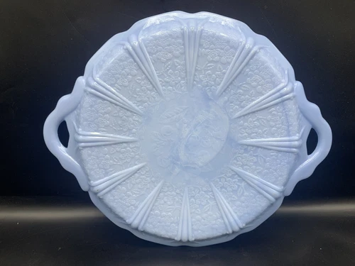 CHERRY BLOSSOM DELPHITE  BLUE GLASS HANDLED CAKE PLATE TRAY