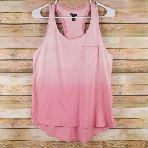 True Religion Damen M Big Stitch Hi Lo Tank Top Pink Ombre Dip Dye Racerback