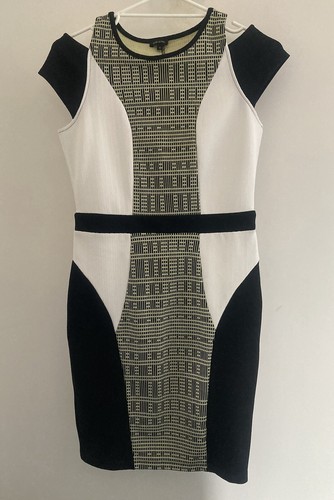 NWT River Island Women’s Size 12 Dress Black Ivory Beige Stretch Bodycon Smart
