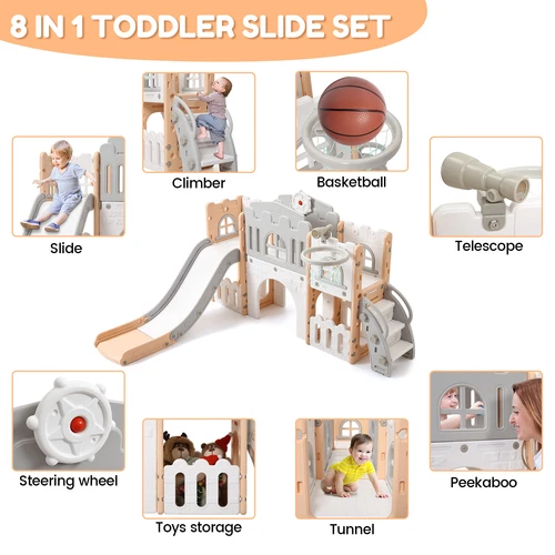 8 In 1 Toddler Slide, Kids Slide with Climber Playset, Indoor Outdoor Playground - Picture 3 of 11