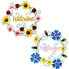 Metal Hanging Welcome Signs Wall Decor Front Door Wreath Garden Bee Ladybug Sign