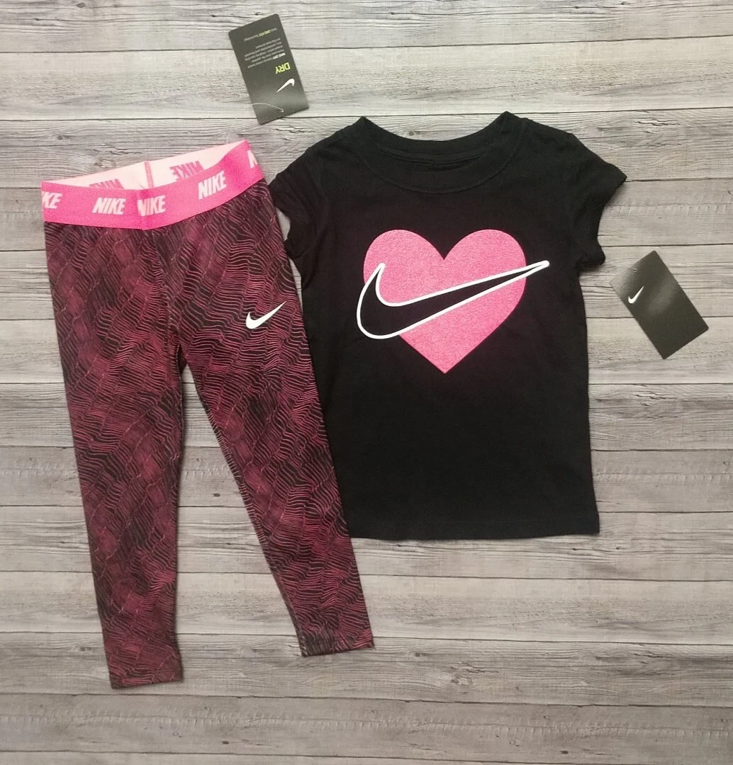 New! Girl's Nike Black Pink Heart Logo Tee and Leggings Outfit