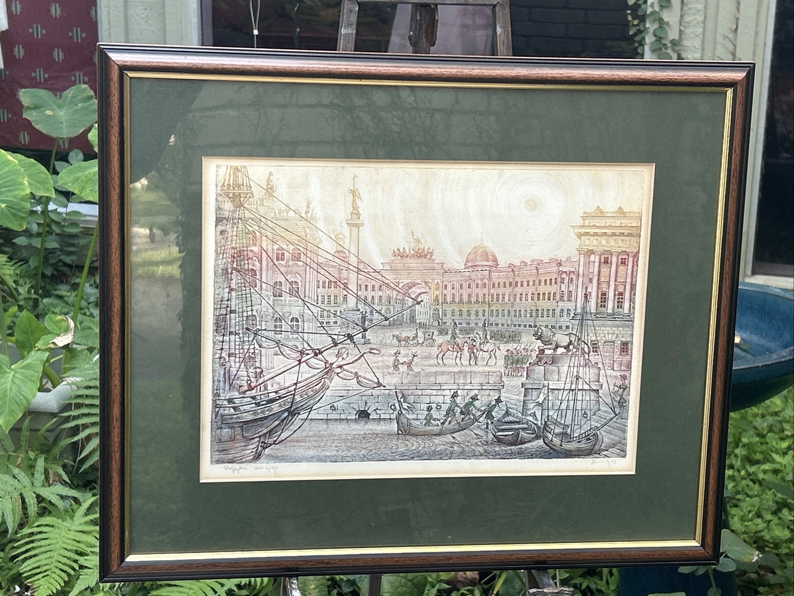 Antique early 1900's Architectural Engraving St. Petersburg, signed and