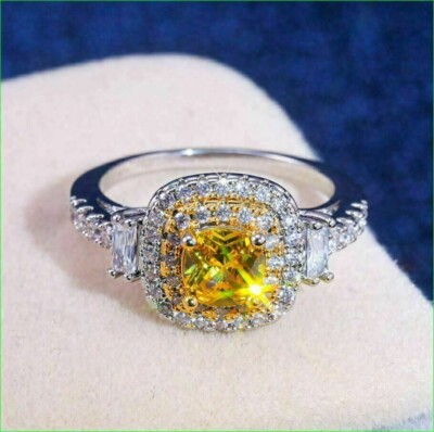2Ct Cushion Lab-Created Citrine Women Wedding Ring 14k White Gold Plated Silver