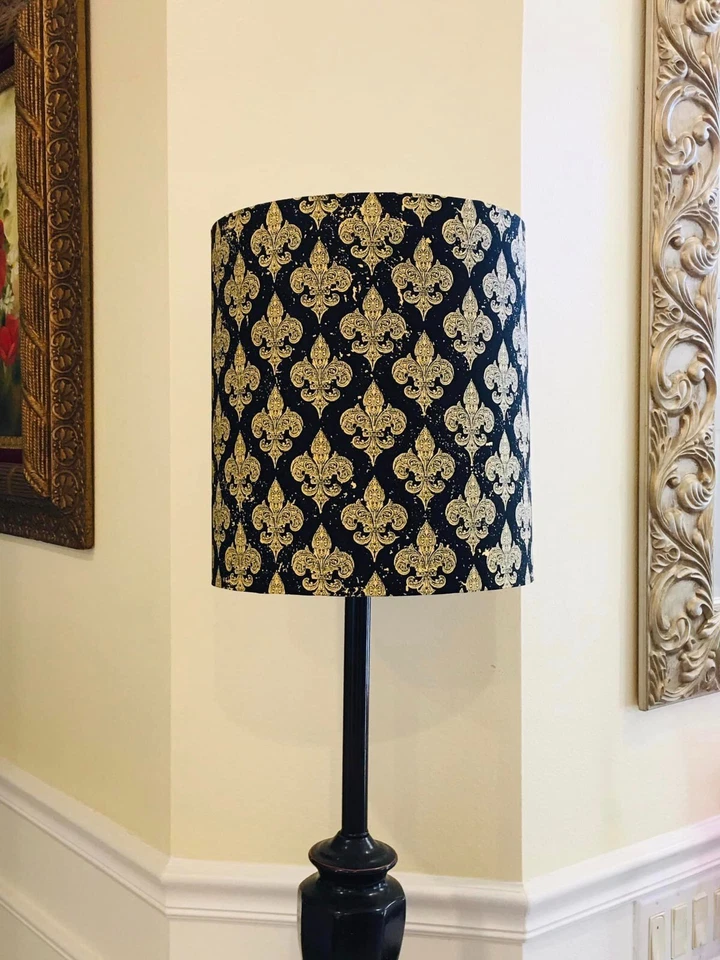 Handmade Lampshade Drum Unique Fabric Fleur de Lis Gold Black Pattern Decor USA - Image 3 of 4