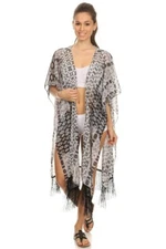 Women's Black and White Midi Spring Summer Open Poncho Shawl with Fringe