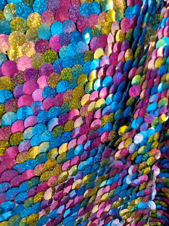 Lentejuelas multicolores iridiscentes en tela de malla por yarda holograma lentejuelas brillo Foto 4 de 4