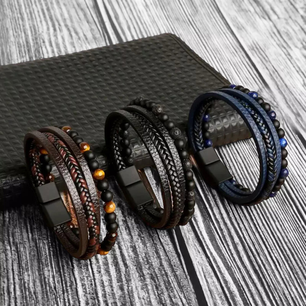 Men's Layered Braided Leather Beaded Bracelet With Tiger Eye
