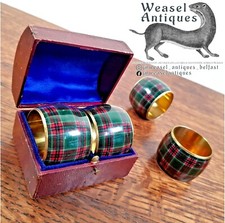Four Art Deco Gilt Enamel Cameron Erracht Tartan Napkin Rings & Victorian Case