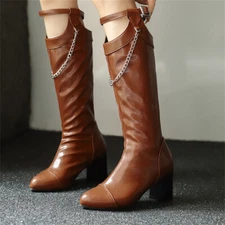 Women's Knee-High Boots with Velvet Lining Pointed Toe Zip Block Heel for Winter