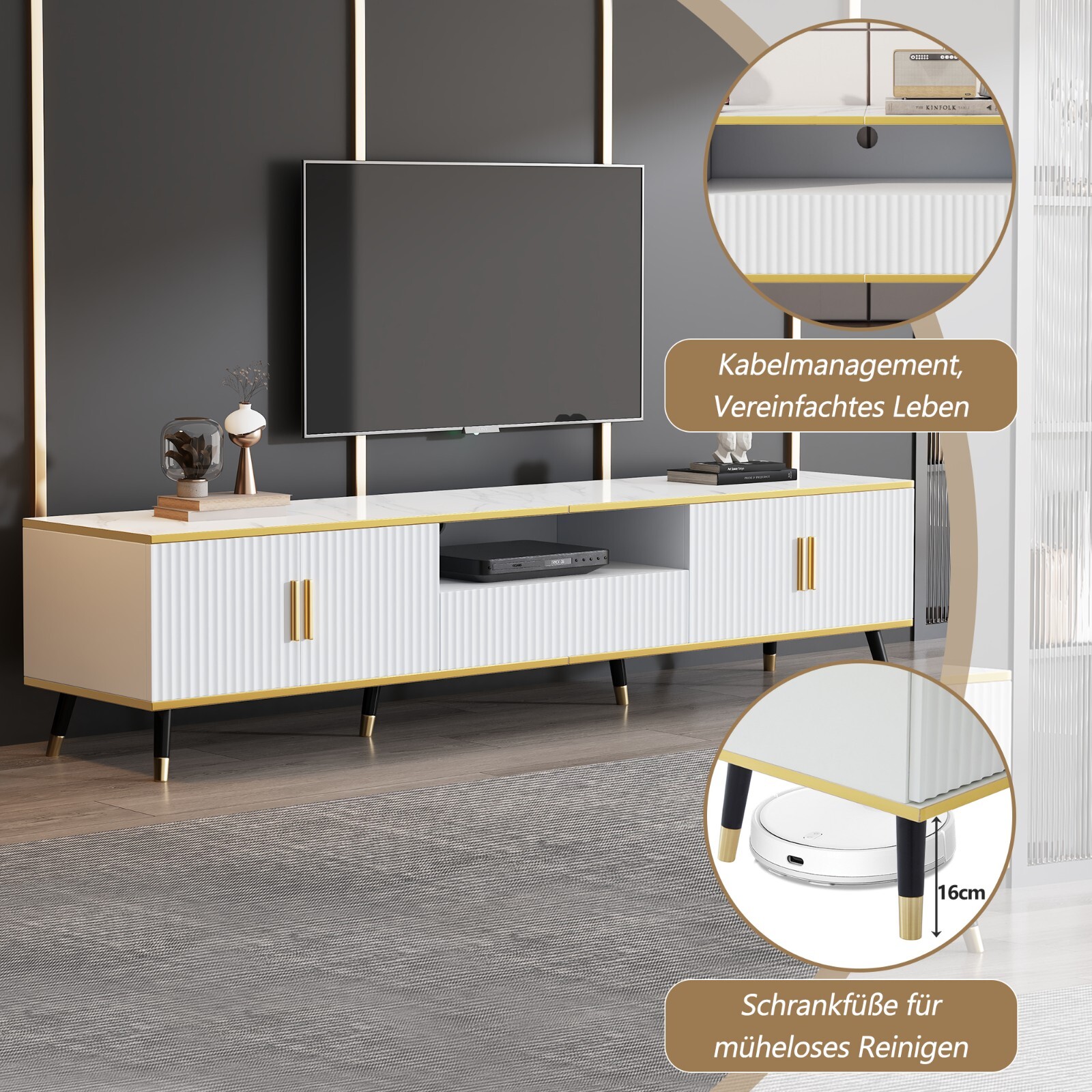 200 cm TV-Schrank Lowboard Fernsehtisch Fernsehschrank 3 Schublade Kabelmanage