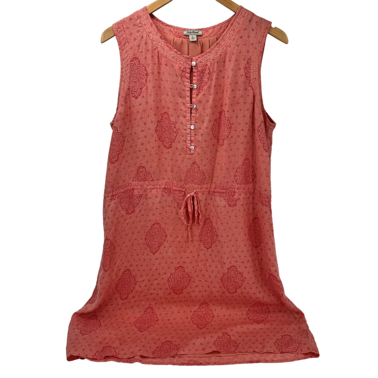 Lucky Brand Dress Womens Large Coral Pink Shift Boho Sleeveless Lined Midi