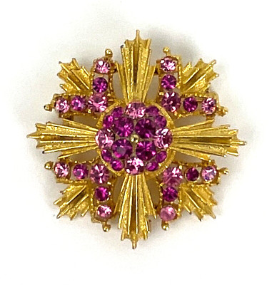 Vintage Gold-Plated Brass Starburst Brooch with Pink Rhinestones - Signed Lisner