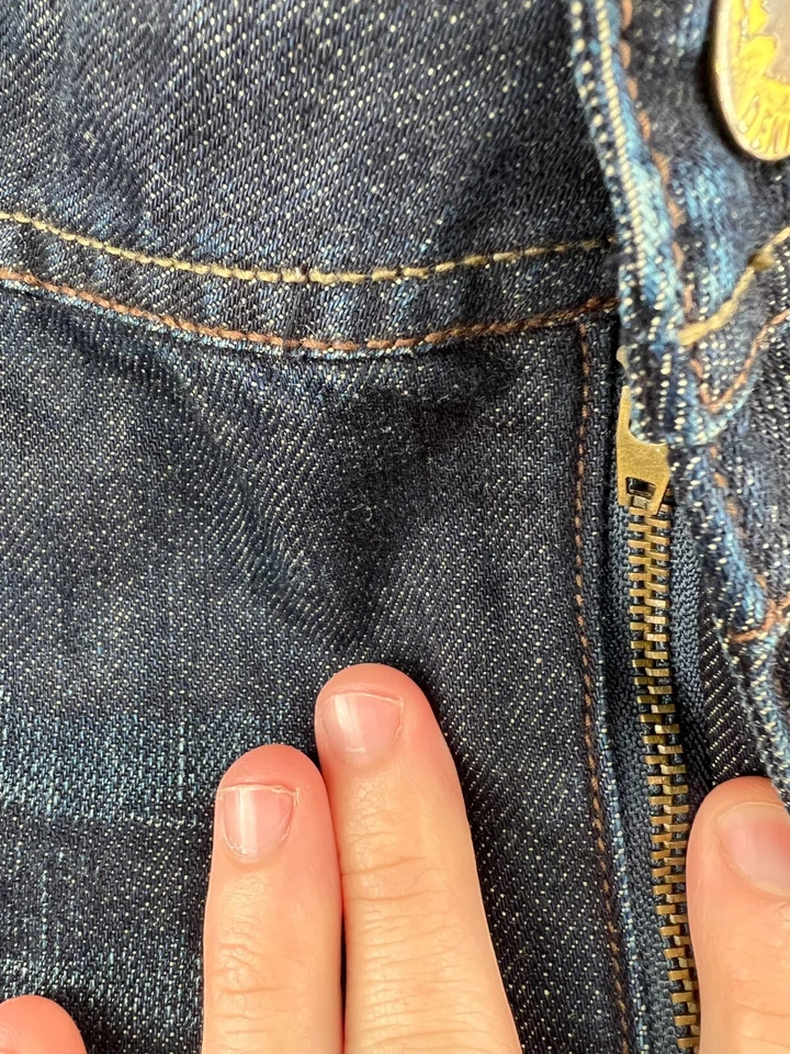 Pantalones de mezclilla antiguos para hombre talla 38x34 lavado oscuro corte bota solapa bolsillos bordados Foto 3 de 4