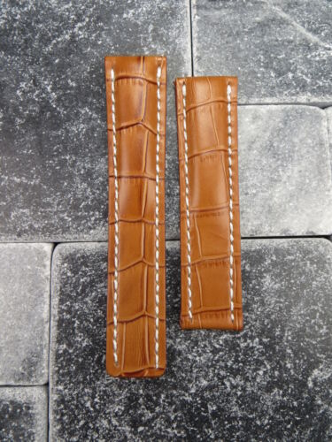 22mm Leather Strap Honey Brown Deployment Watch Band for BREITLING NAVITIMER 22 - Picture 2 of 6