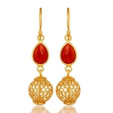 18K Gold Plated 925 Sterling Silver Natural Red Onyx Designer Earrings Jewelry