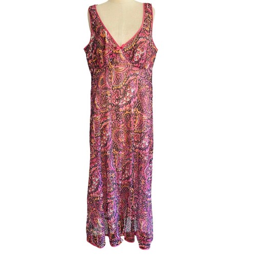 St Michael VTG Bias Cut 60s nightdress Maxi Pink Paisley Mesh Babydoll Nylon Mod - Picture 1 of 12