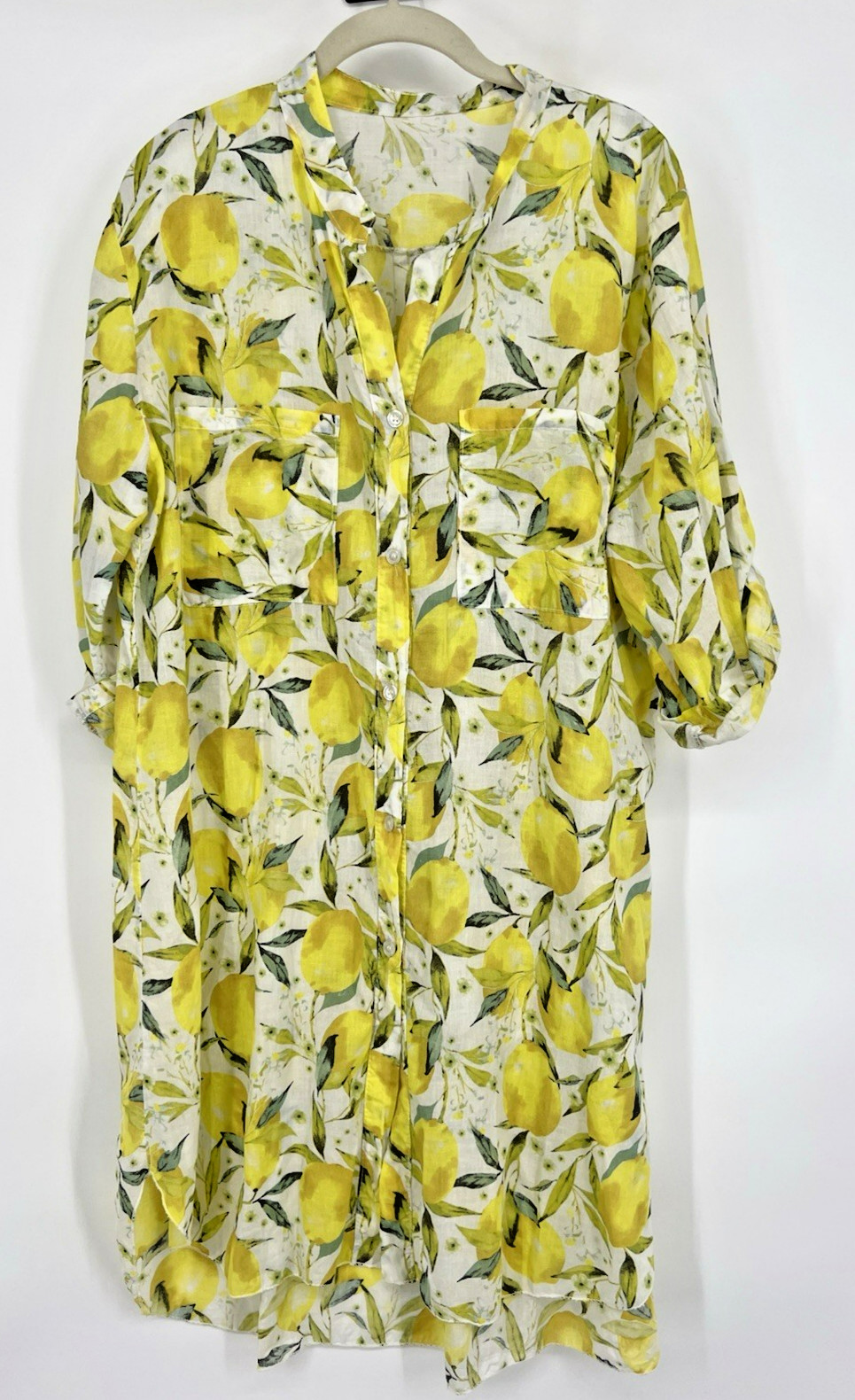 Vestido Camisa Algodón Limón Mangas Rodantes Grandes Italia Gran Tamaño Resort Playa Euro