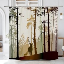 Misty in Forest Deer Shower Curtain Rustic Cabin 72"W x 72"L Pack of 1 Black