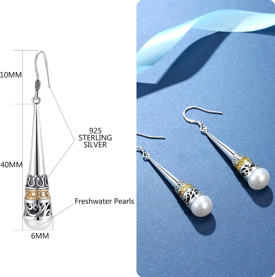 Orecchini a Goccia Vintage in Vero Argento Sterling 925 Con Perle D'Acqua Dolce  - Immagine 2 di 4