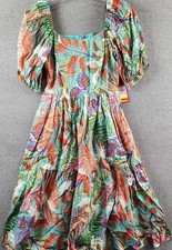 Vince Camuto Print Square Neck Puff Sleeve Midi Dress Women's 6 Green Multicolor