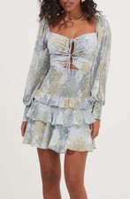 ASTR The Label Marietta Dress Blue Multi Floral Smocked Tiered Mini Dress Medium