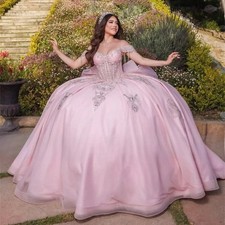 Customized Pink Tulle Ball Gown Appliques Princess Quinceanera Dresses With Bow