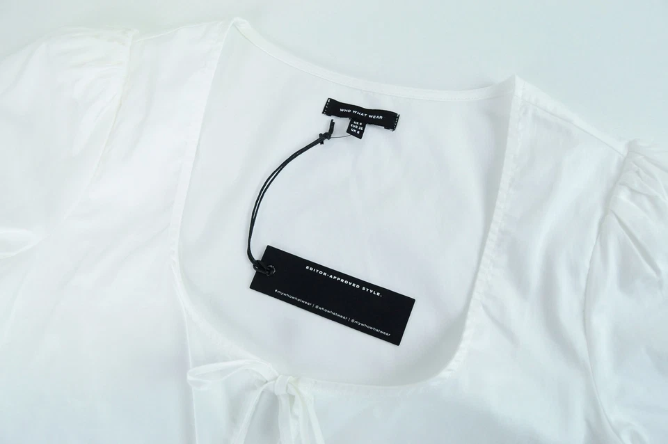 WHO WHAT WEAR Women Blouse S White Short Sleeve Tied Cotton Puff Round Neck * - Image 3 of 4