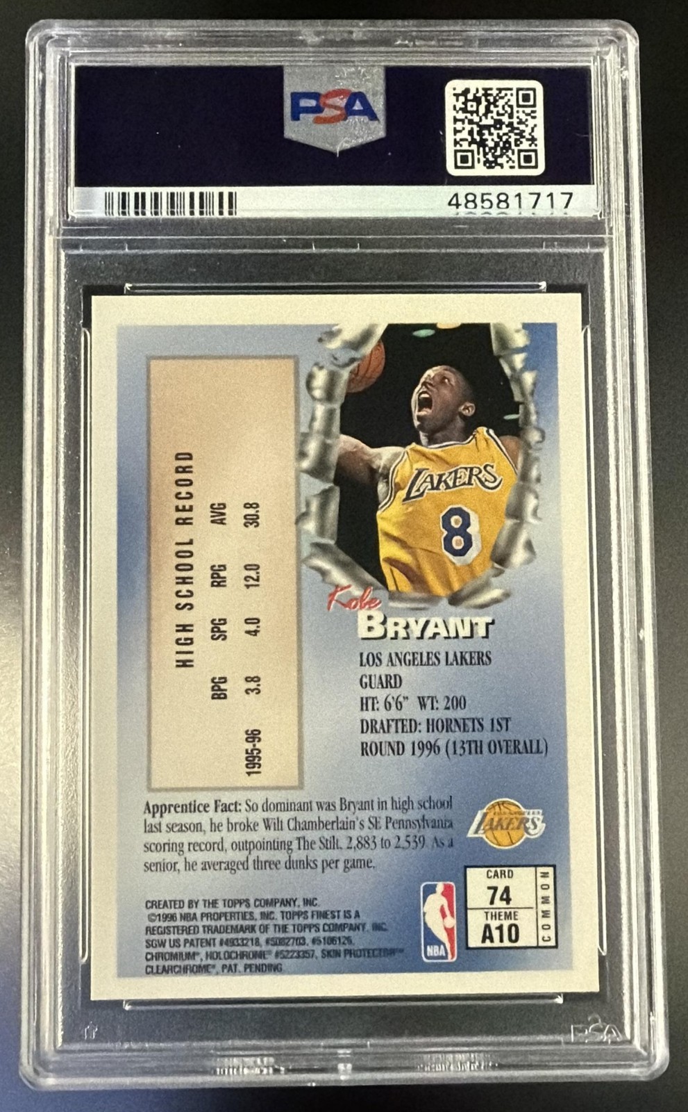 1996 Finest With Coating Kobe Bryant #74 PSA 8 view 2