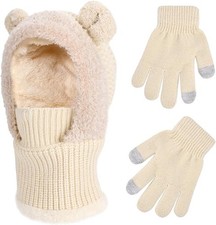 Kids Winter Balaclava Windproof Hats Gloves Set 3-In-1 Fleece Lined Hooded Scarf